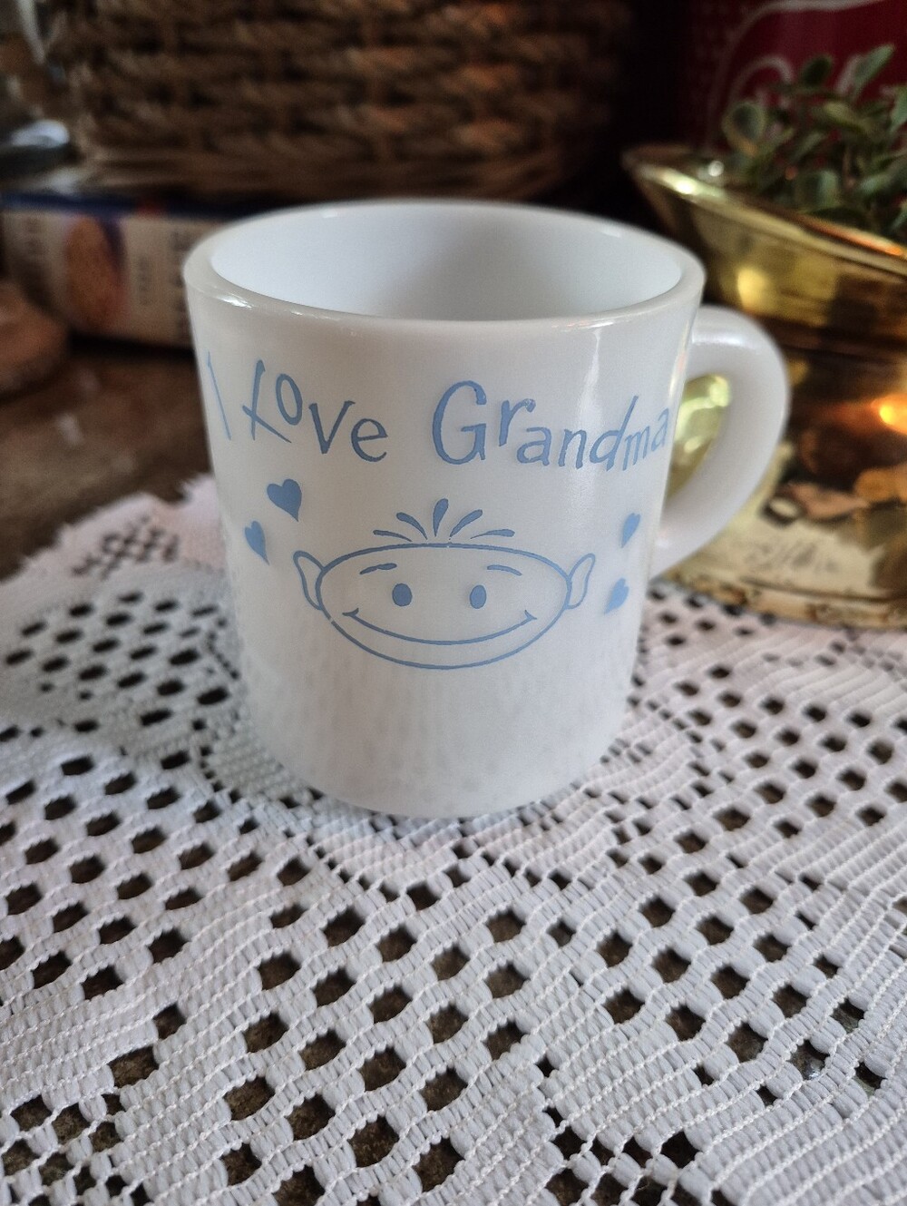 Vintage Milk Glass Blue "I Love Grandma" Mug
